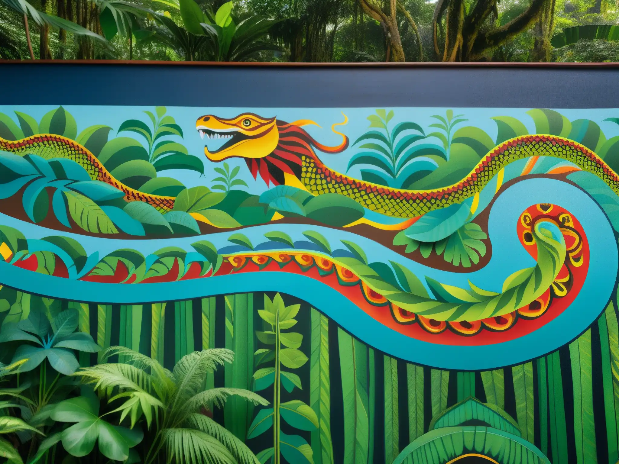 Vibrante mural del mito de la serpiente de siete cabezas en la Amazonía, reflejando la rica tradición narrativa y cultural de la región