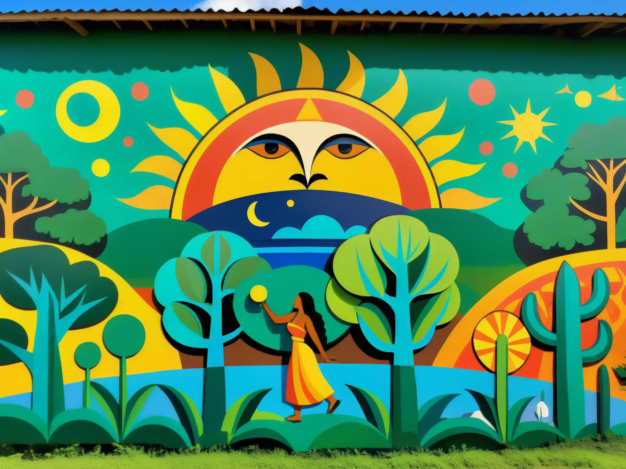 Vibrante mural del mito de creación guaraní, con Tupã moldeando la tierra, el sol y la luna, rodeado de exuberante naturaleza y vida salvaje