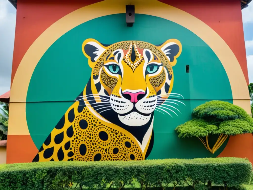 Vibrante mural en Benín: mujer se transforma en leopardo, capturando la esencia mítica del mito mujer leopardo transformación Benín