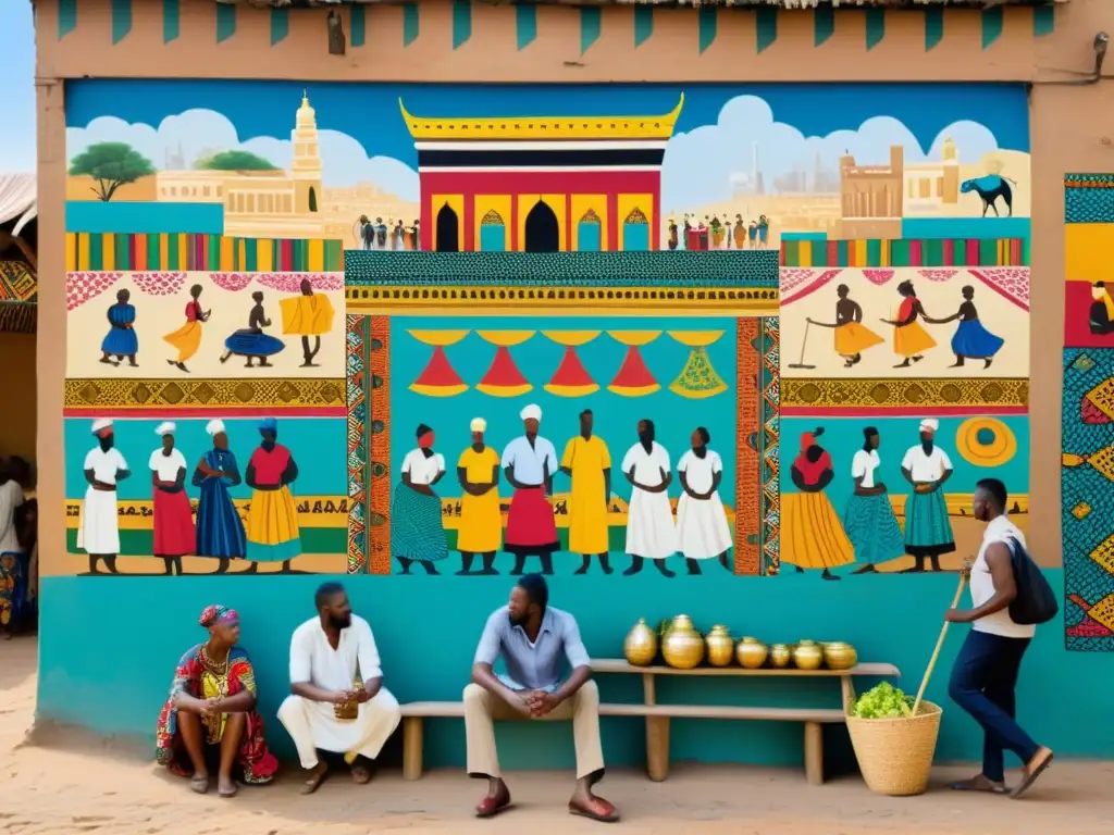 Un vibrante mural en una pared desgastada muestra un bullicioso mercado en una ciudad africana, con influencia árabe en mitos urbanos africanos