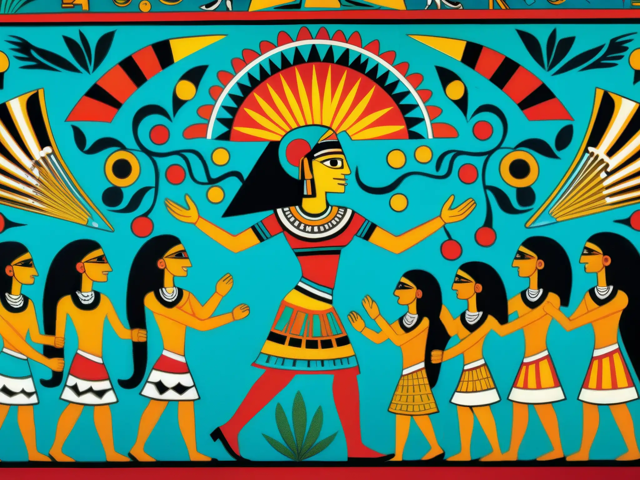 Vibrante mural prehispánico del Tzitzimitl lucha oscuridad, con colores y patrones detallados y expresiones de temor y reverencia