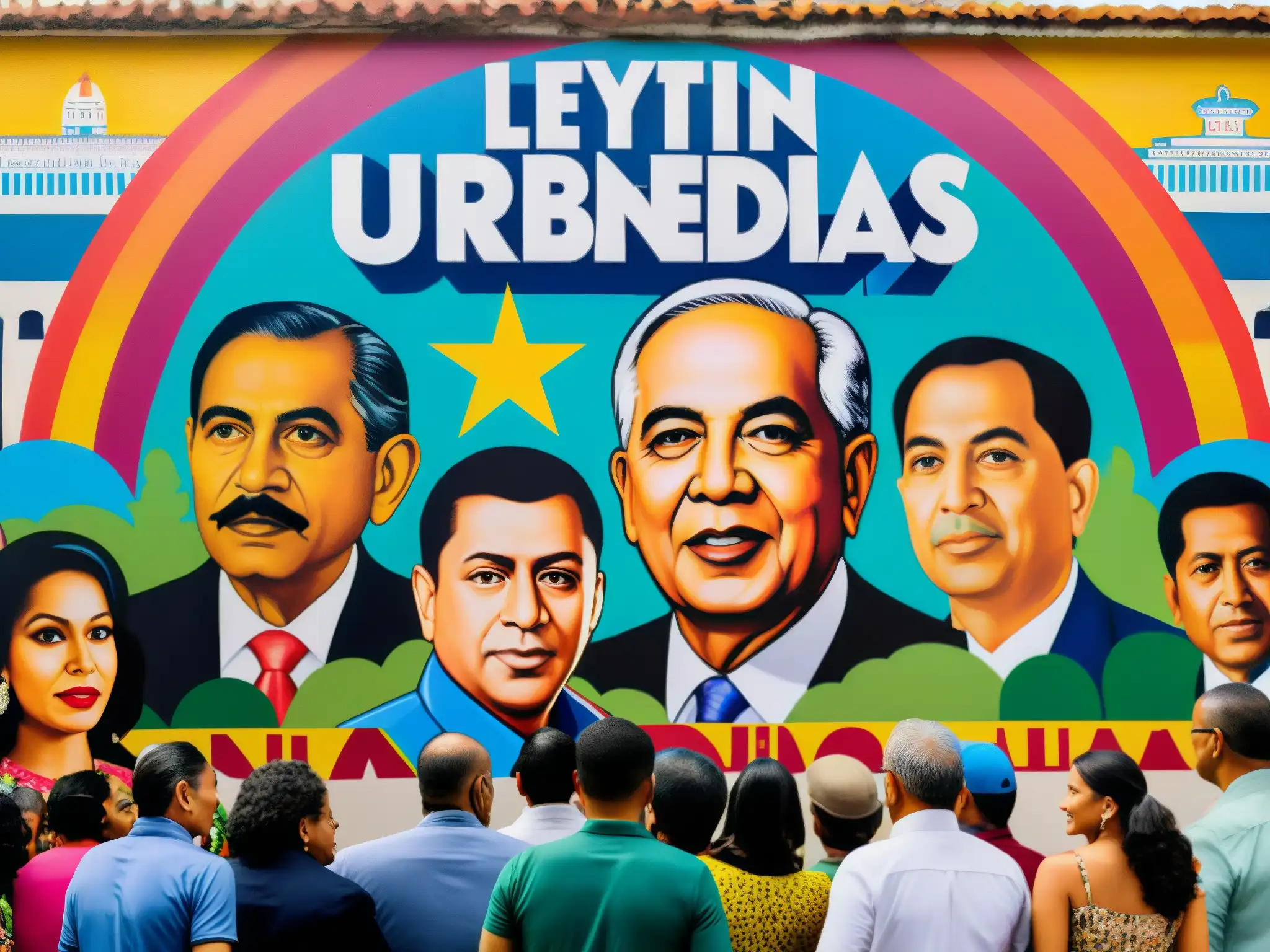 Un vibrante mural de presidentes latinoamericanos rodeados de personas, discutiendo sobre leyendas urbanas
