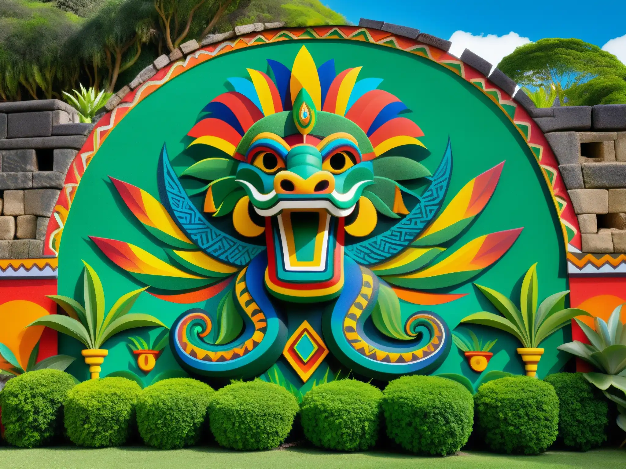 Vibrante mural de Quetzalcóatl, deidad serpiente emplumada, en muro de piedra, evocando la rica cultura y mitología mexicana