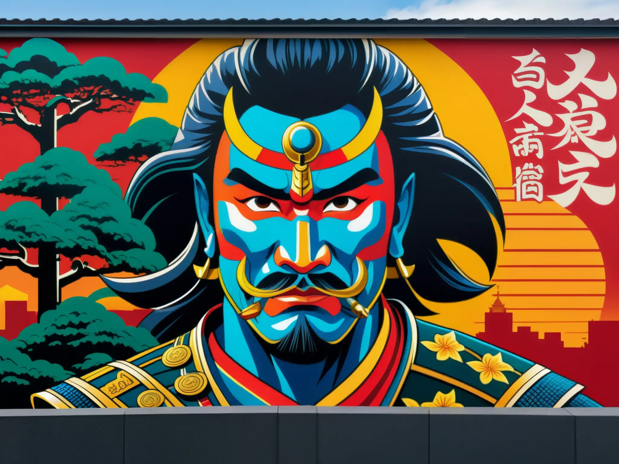 Un vibrante mural en Tokyo del rebelde samurái Taira Masakado, fusionando historia y modernidad en colores intensos y detallados