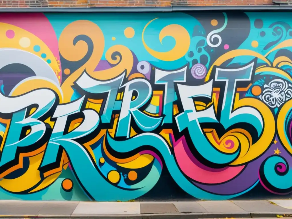 Vibrante mural urbano con grafitis y símbolos místicos, retratando la energía y encanto de la cultura urbana con encantamientos