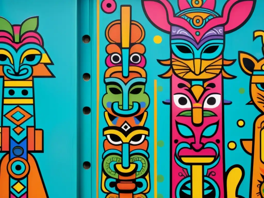 Un vibrante mural urbano lleno de simbolismo animal en leyendas urbanas, con un totem imponente y grafitis coloridos