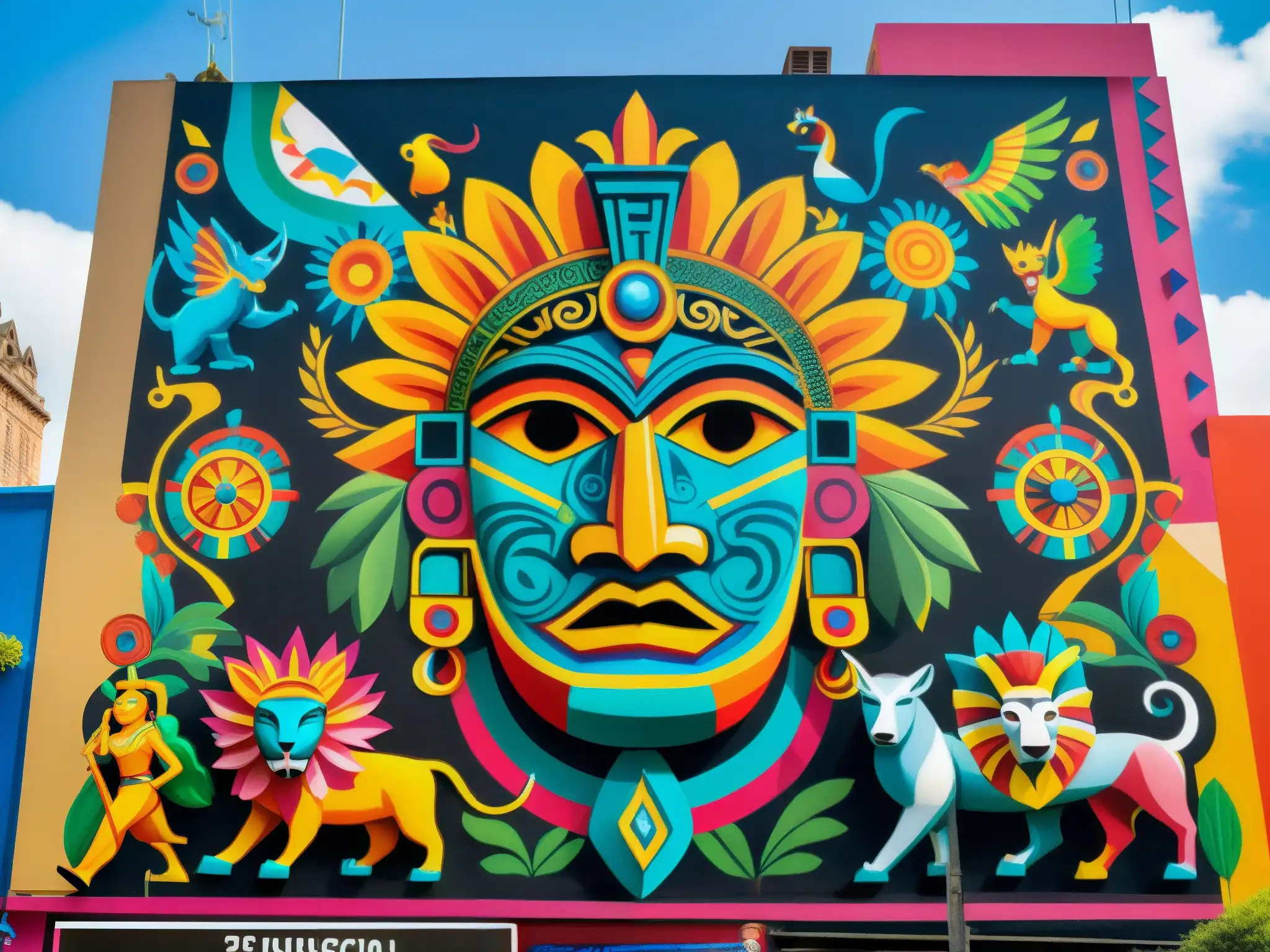 Vibrante mural urbano en México City que fusiona mitos, leyendas y la exploración de la vida moderna