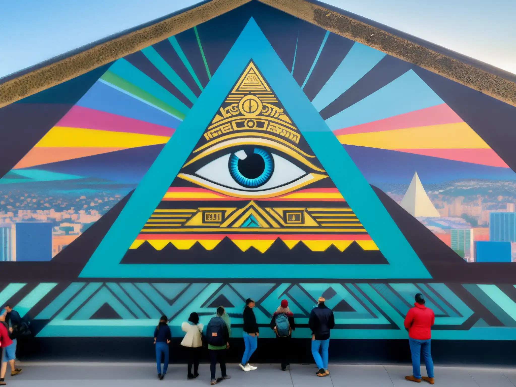 Vibrante mural urbano del Nuevo Orden Mundial análisis, con símbolos de la conspiración y personas observando con intriga y preocupación