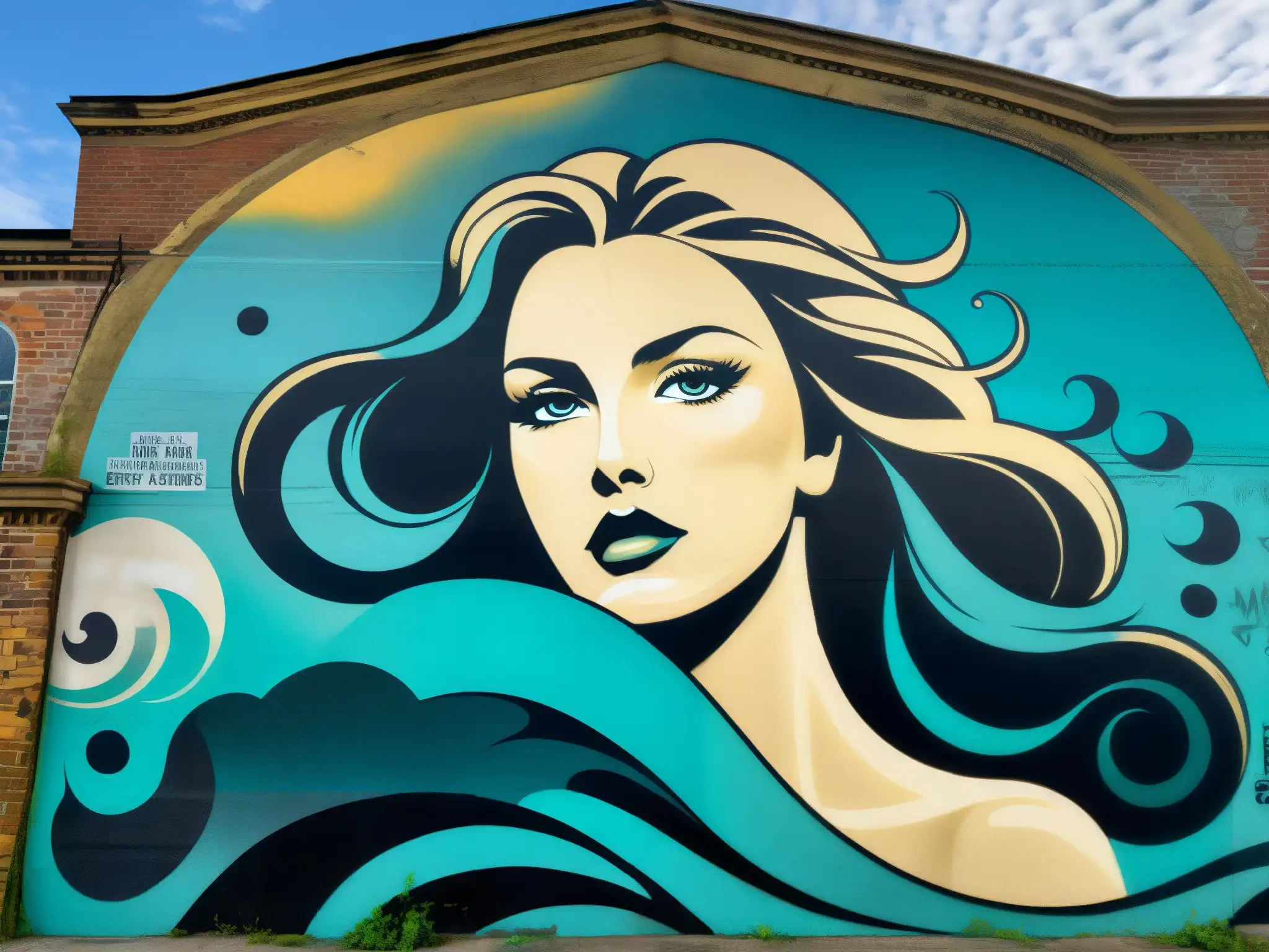 Vibrante mural urbano con sirenita de colores intensos, simbolismo psicológico sirenas leyendas urbanas