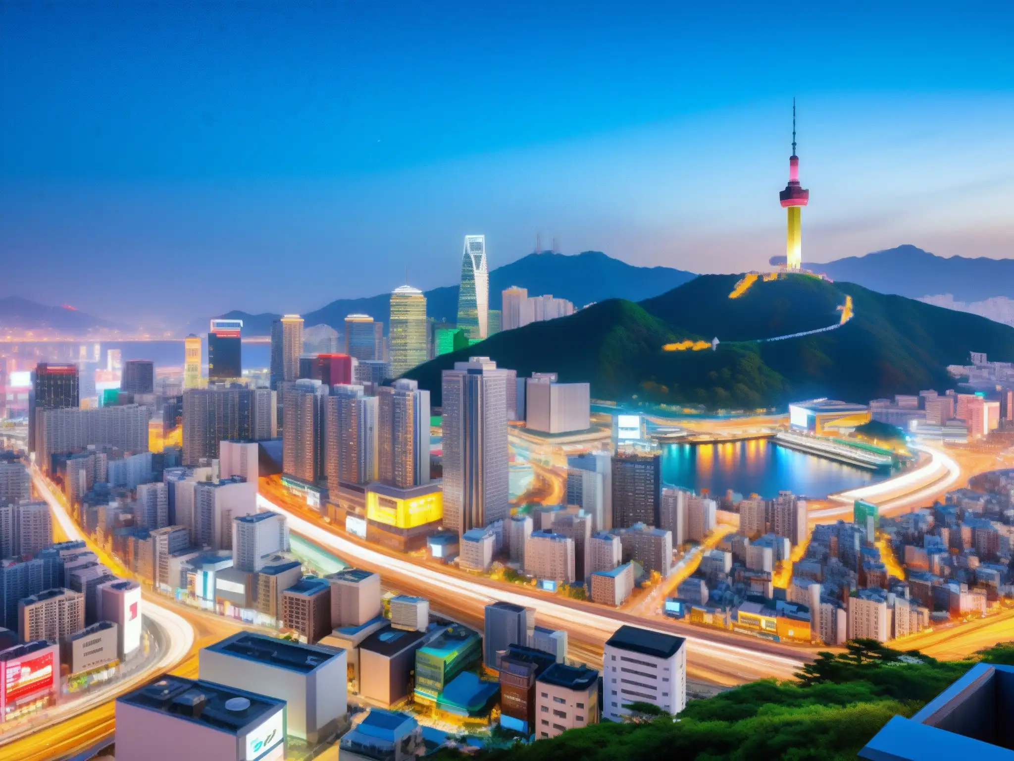 Vibrante paisaje urbano moderno en Seúl, Corea del Sur, con rascacielos, calles bulliciosas y letreros de neón