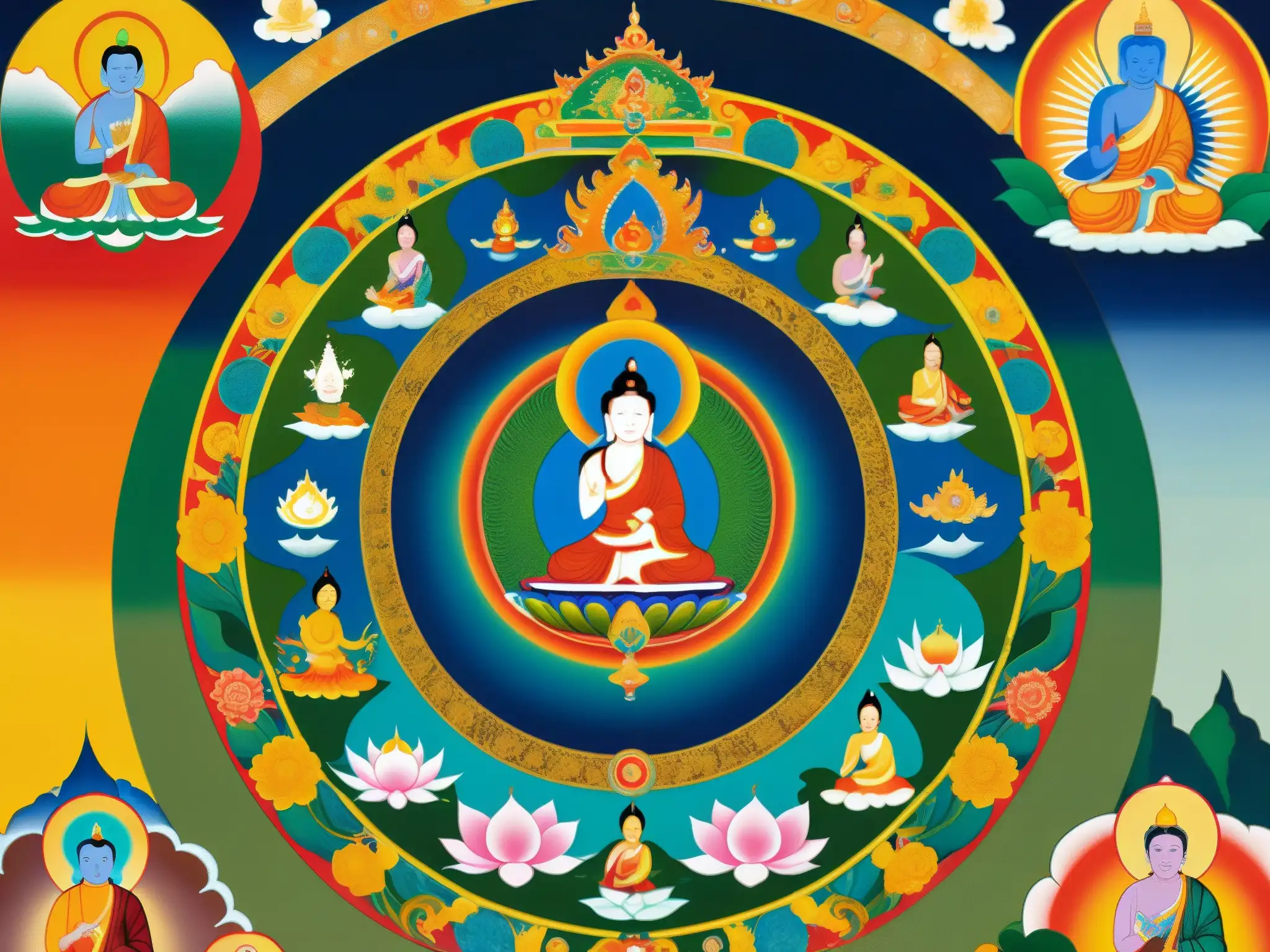 Vibrante pintura budista Thangka ilustrando la reencarnación y relatos espirituales