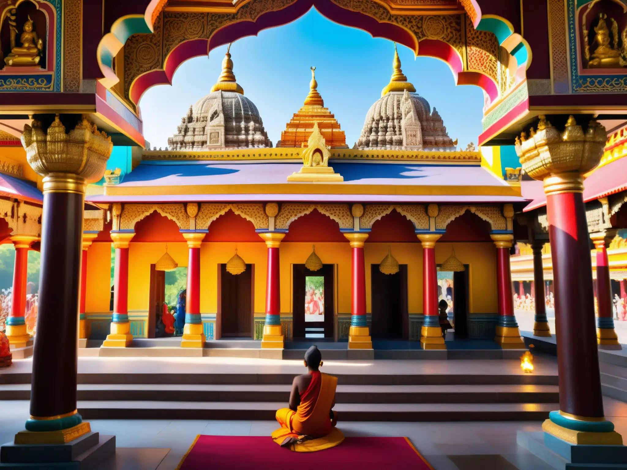 Vibrante templo hindú con apariciones de deidades, rituales y devotos en oración, bañado en luz y sombra