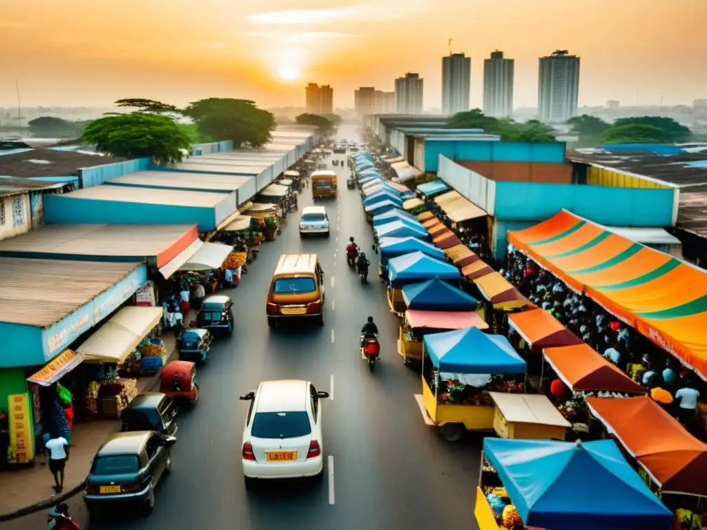 Vibrante vida urbana de Abidjan al atardecer, con gente, puestos de mercado y arquitectura tradicional, capturando la esencia de la ciudad