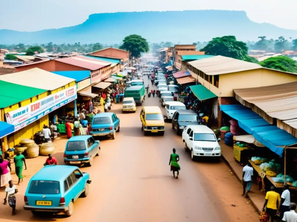 Vibrante vida urbana en Bangui: calles bulliciosas, mercados y edificios coloridos