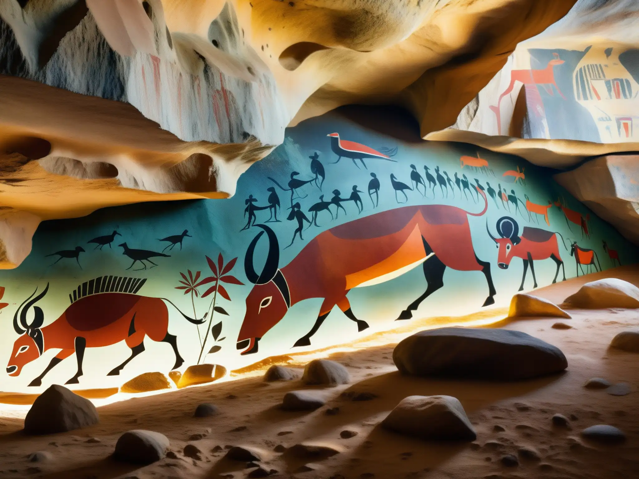 Vibrantes pinturas rupestres en La Cueva de la Pileta, mostrando colores, texturas y juego de luces en obras prehistóricas