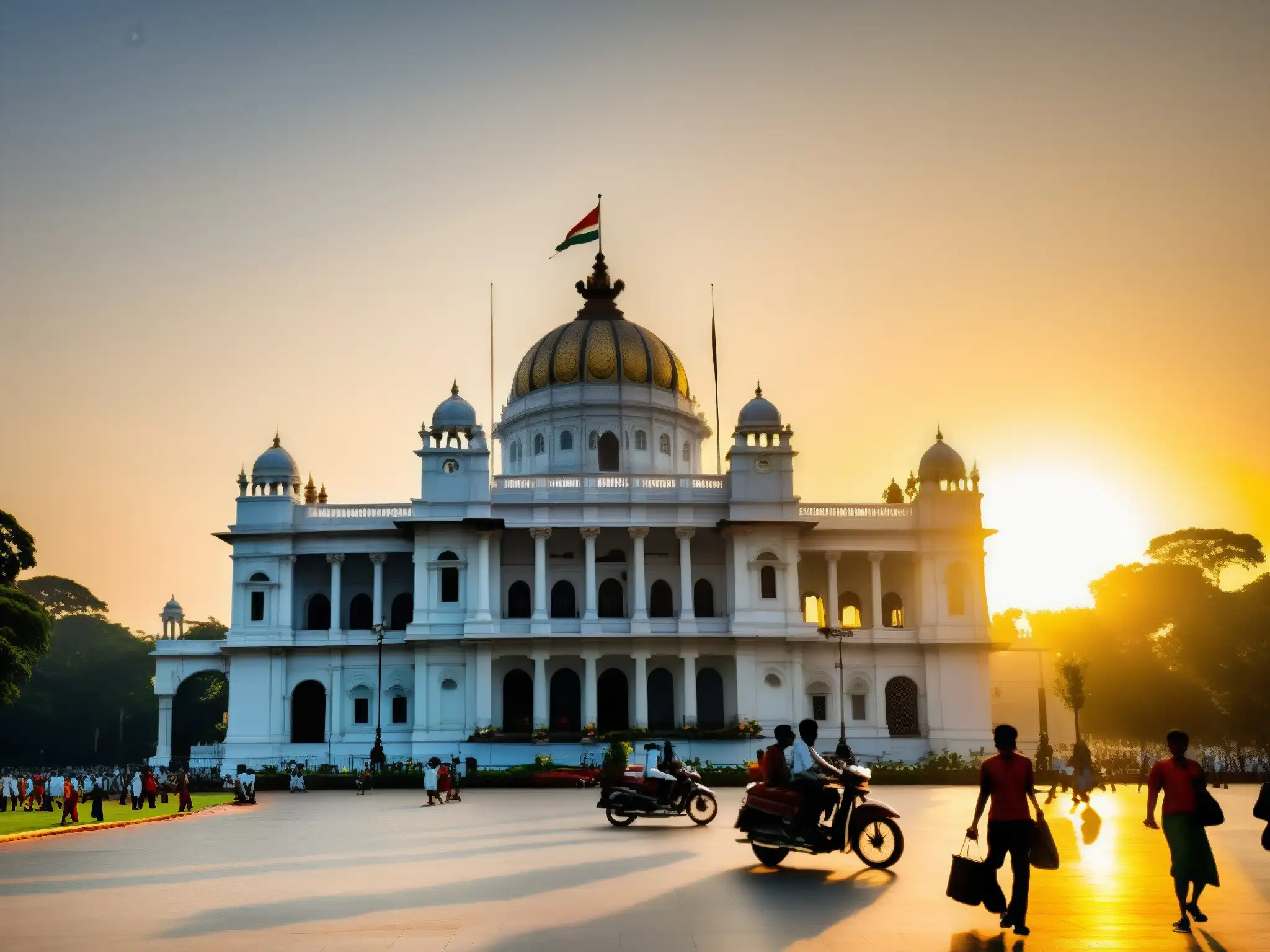 El Victoria Memorial Hall bañado por la cálida luz del atardecer, con detalles arquitectónicos y la energía vibrante de Kolkata