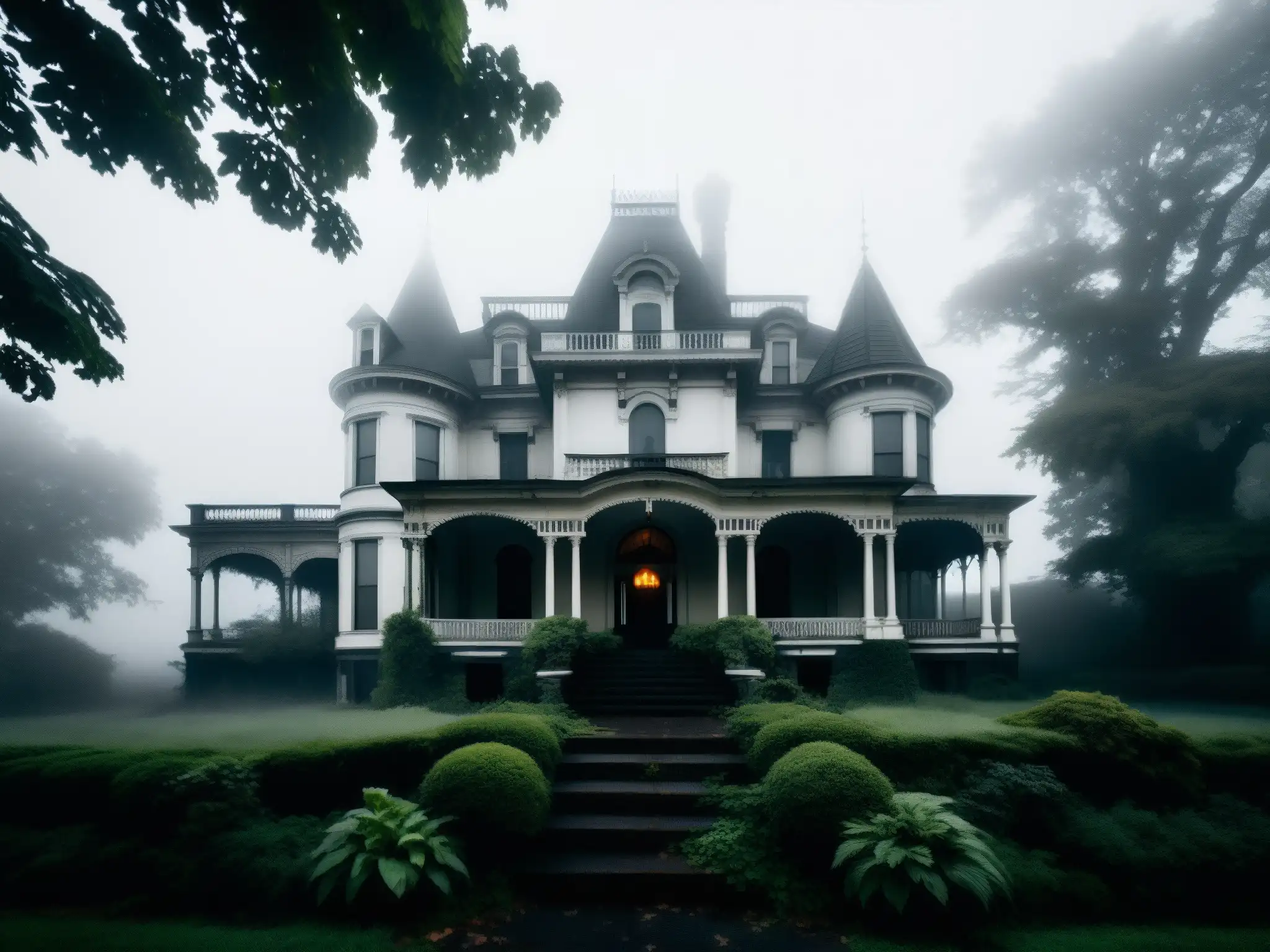 La mansión victoriana envuelta en niebla evoca la psicología del miedo en Himuro Mansion
