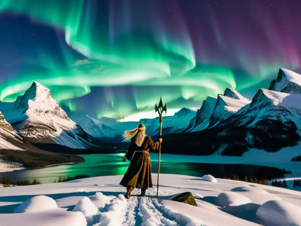 Una hechicería nórdica cobra vida bajo la aurora boreal, con una chamana realizando seidr