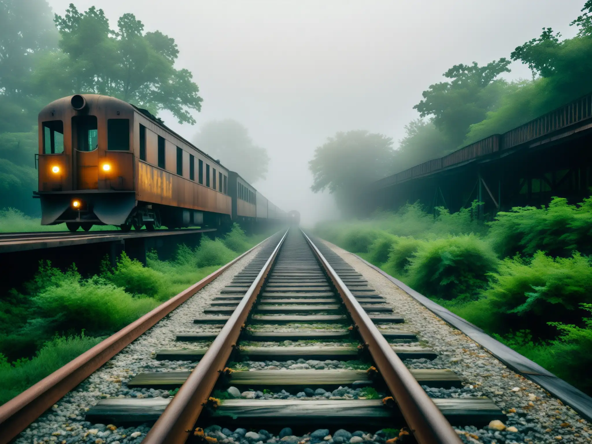 Vieja vía férrea cubierta de maleza con trenes oxidados y neblina, evocando la historia del tren fantasma St