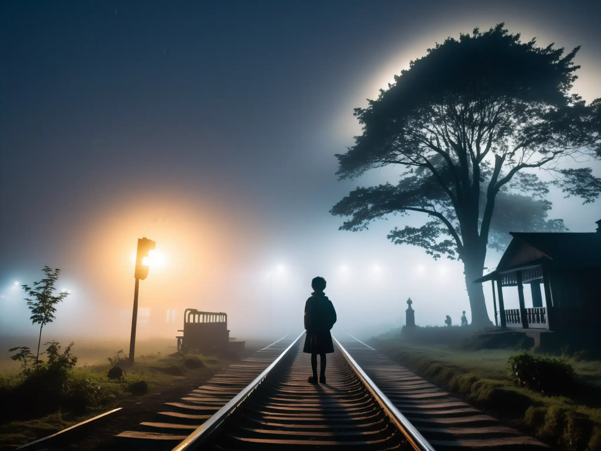 En la vieja estación de ferrocarril Begunkodor, una misteriosa noche de niebla y luna con la silueta de árboles y plataforma abandonada