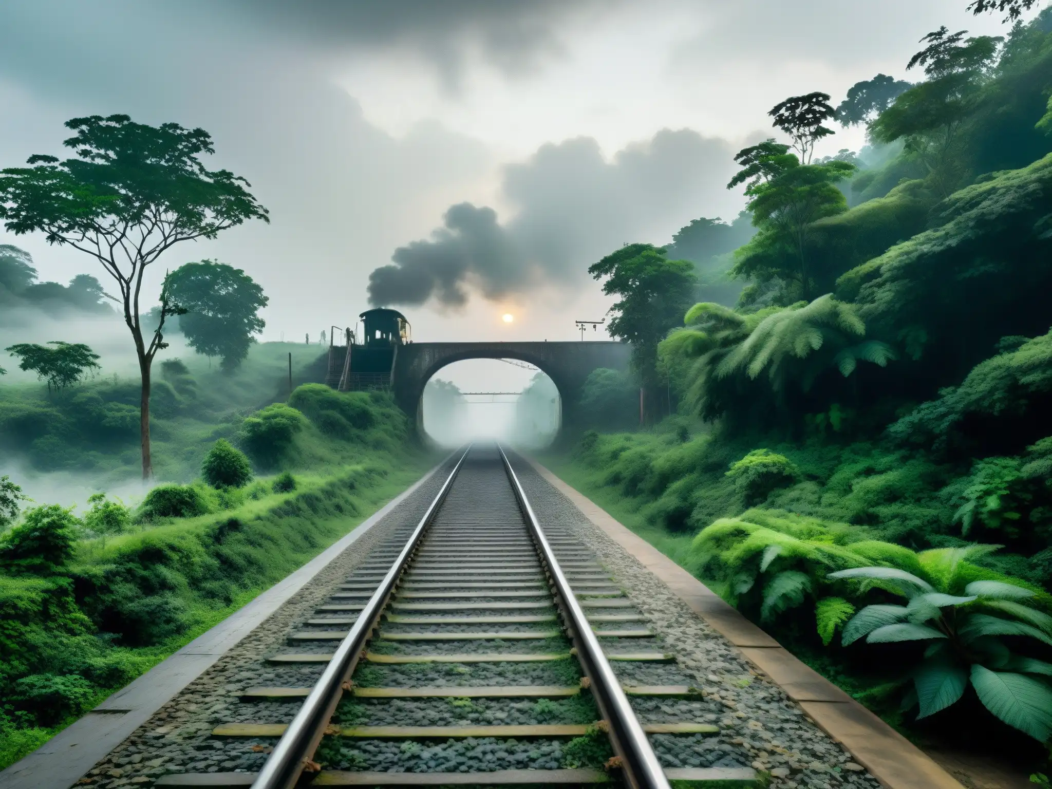 Vieja vía ferroviaria serpenteando entre la espesa niebla en Bangladesh, evocando el fantasma del tren en Bangladesh