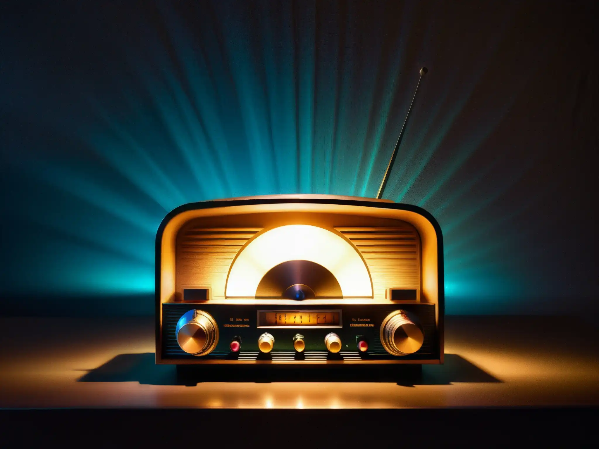 Vieja radio con luces parpadeantes y ondas estáticas, evocando misteriosas transmisiones de fantasmas en radios y TV