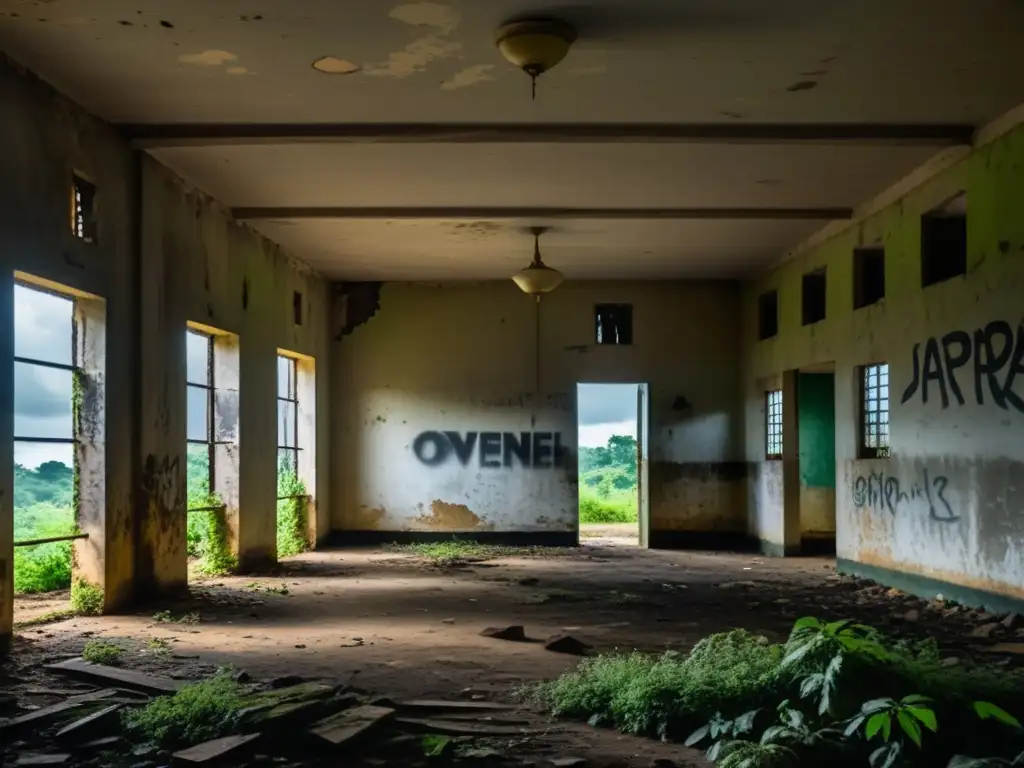 Viejas barracas militares abandonadas en Nigeria, con sombras y grafitis inquietantes