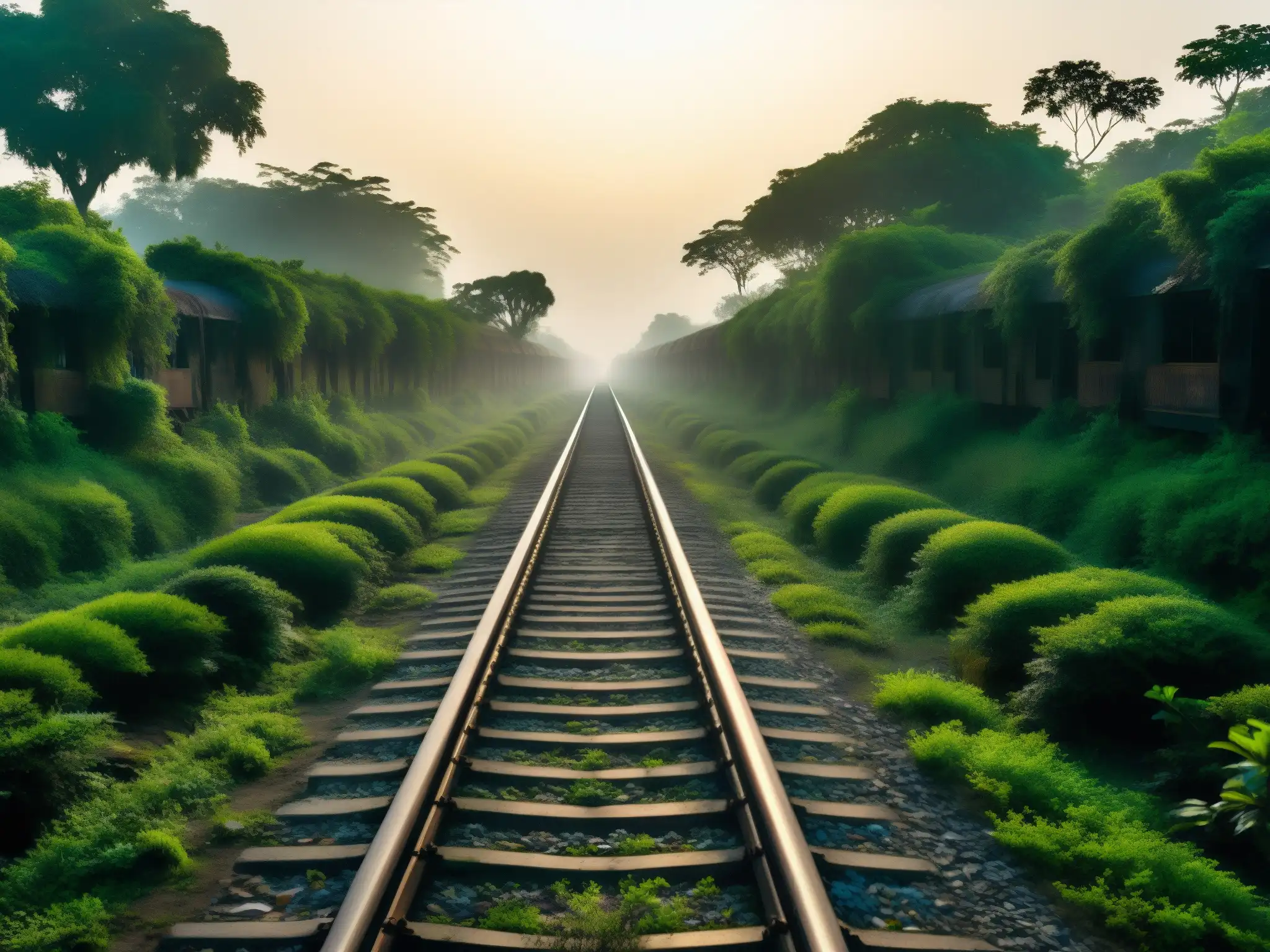 Viejas vías de tren abandonadas y cubiertas de vegetación en Bangladesh, con la silueta de un antiguo tren