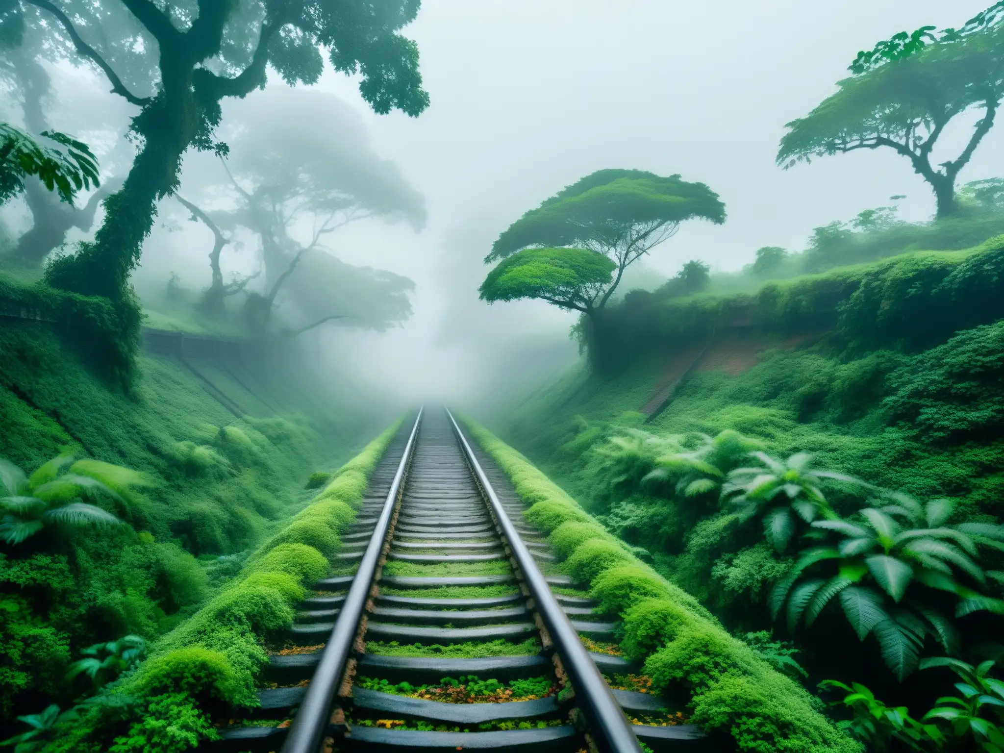 Viejas vías de tren desaparecen en la neblina entre un bosque misterioso, evocando el fantasma del tren en Bangladesh