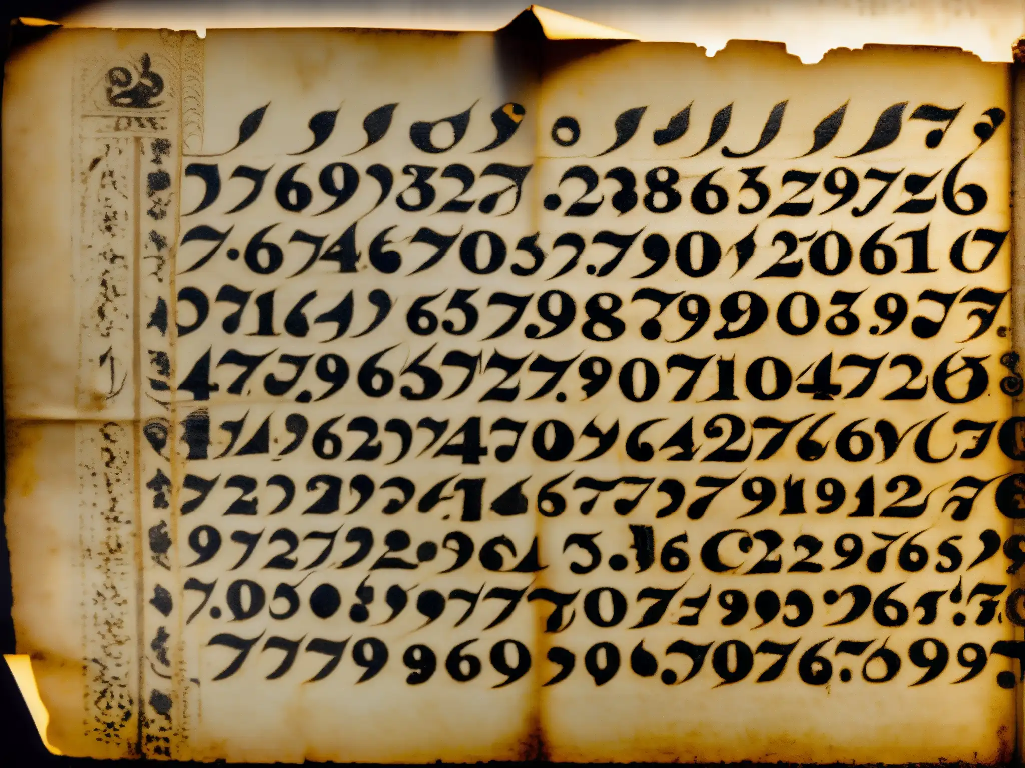 Un viejo pergamino con números escritos a mano y símbolos misteriosos, evocando mitos urbanos y una atmósfera de verdad oculta