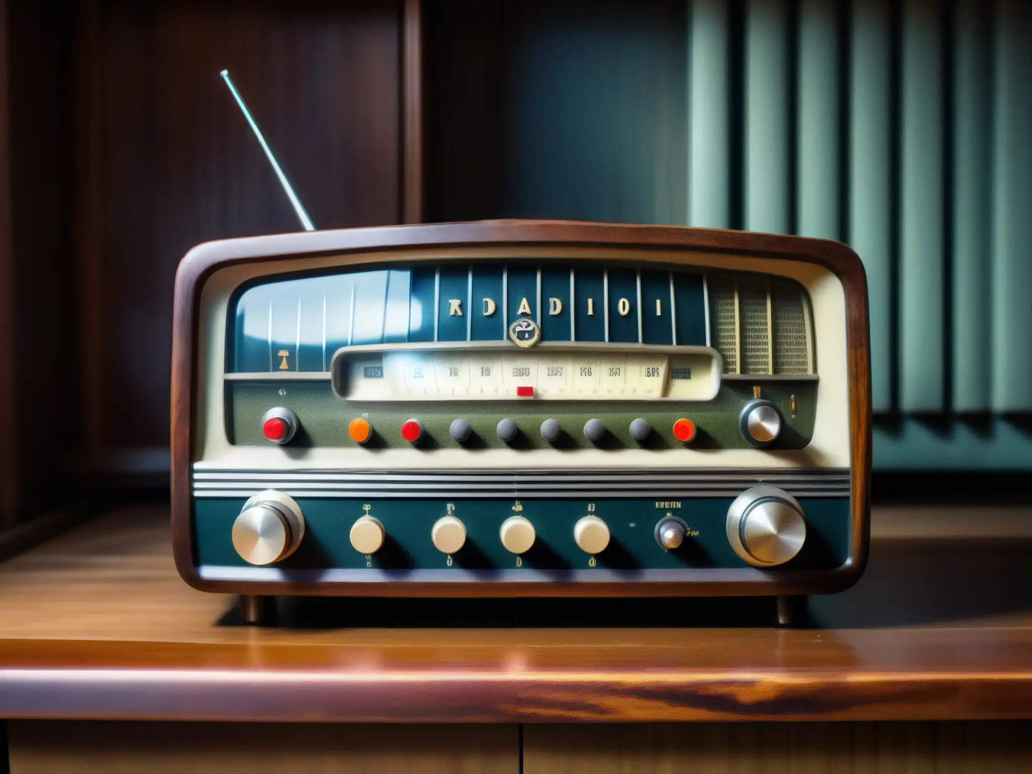 Un viejo radio con diales y botones vintage en una mesa de madera polvorienta en una habitación tenue