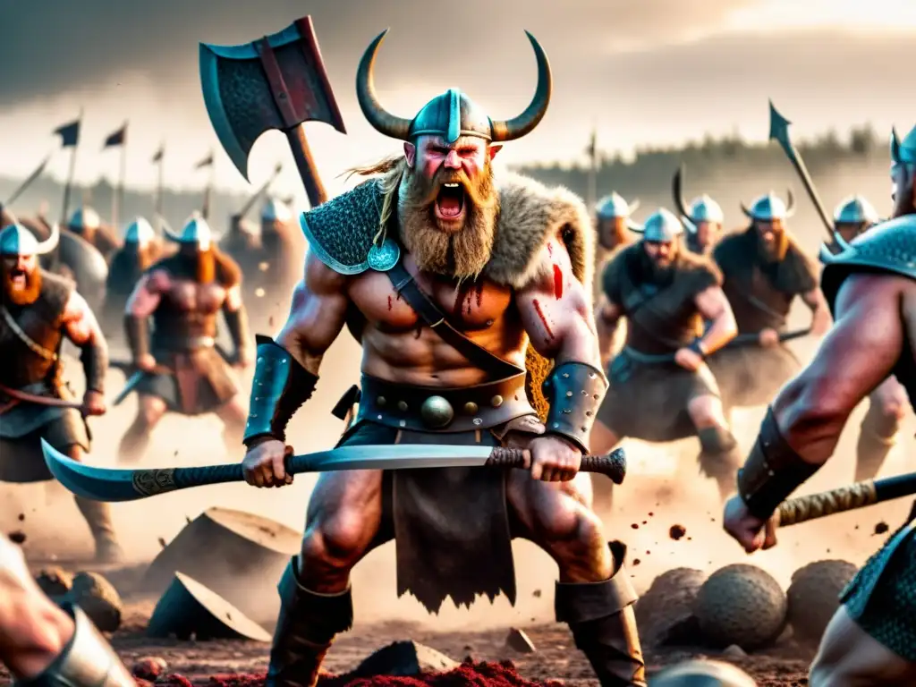 Un vikingo berserker desata su furia en la batalla, rodeado de enemigos caídos en un paisaje escandinavo