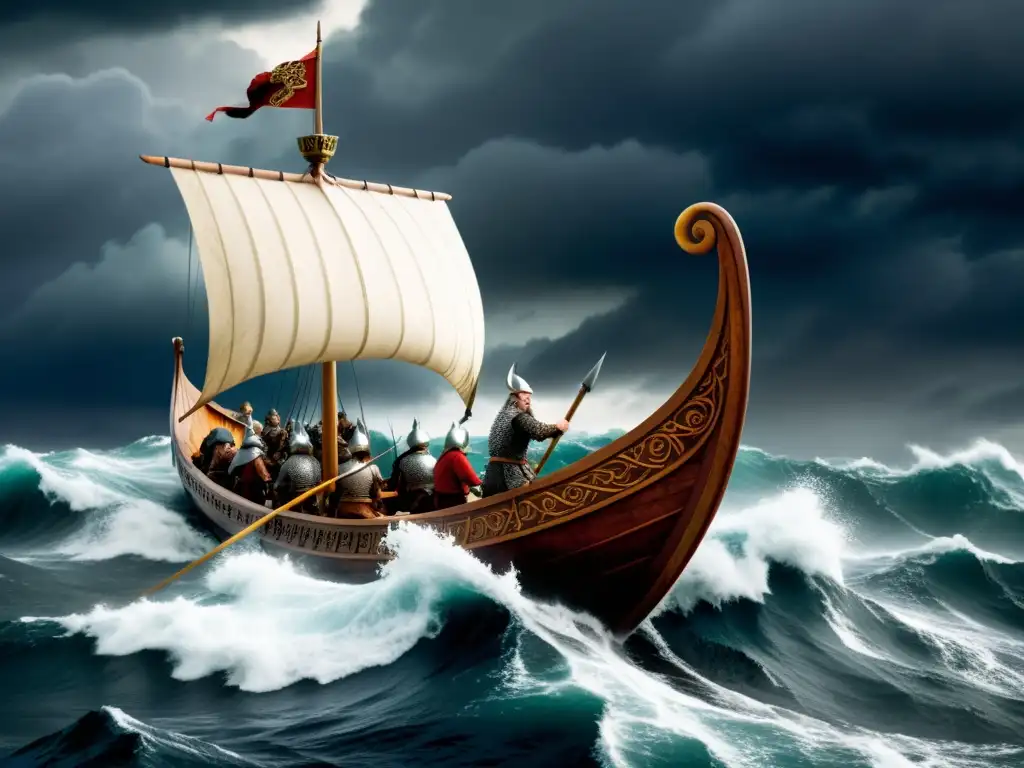 Vikingos remando en una tormenta con paralelismos entre mitología nórdica y cristianismo