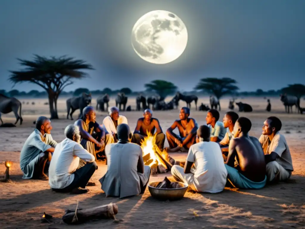 Villagers africanos alrededor de una fogata, contando la leyenda del Were bajo la luna llena