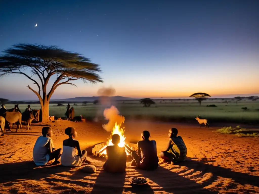 Villagers escuchan historias alrededor de una fogata en la sabana de Tanzania, con la silueta del Popobawa en la noche