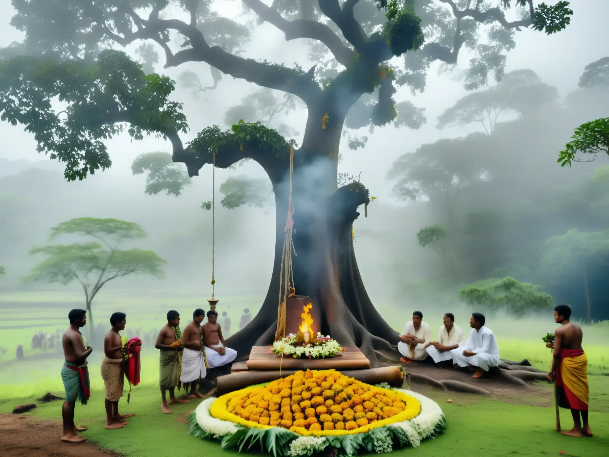 Villagers en Sri Lanka rinden tributo a los espíritus de la guerra bajo un árbol sagrado, entre la niebla de la jungla