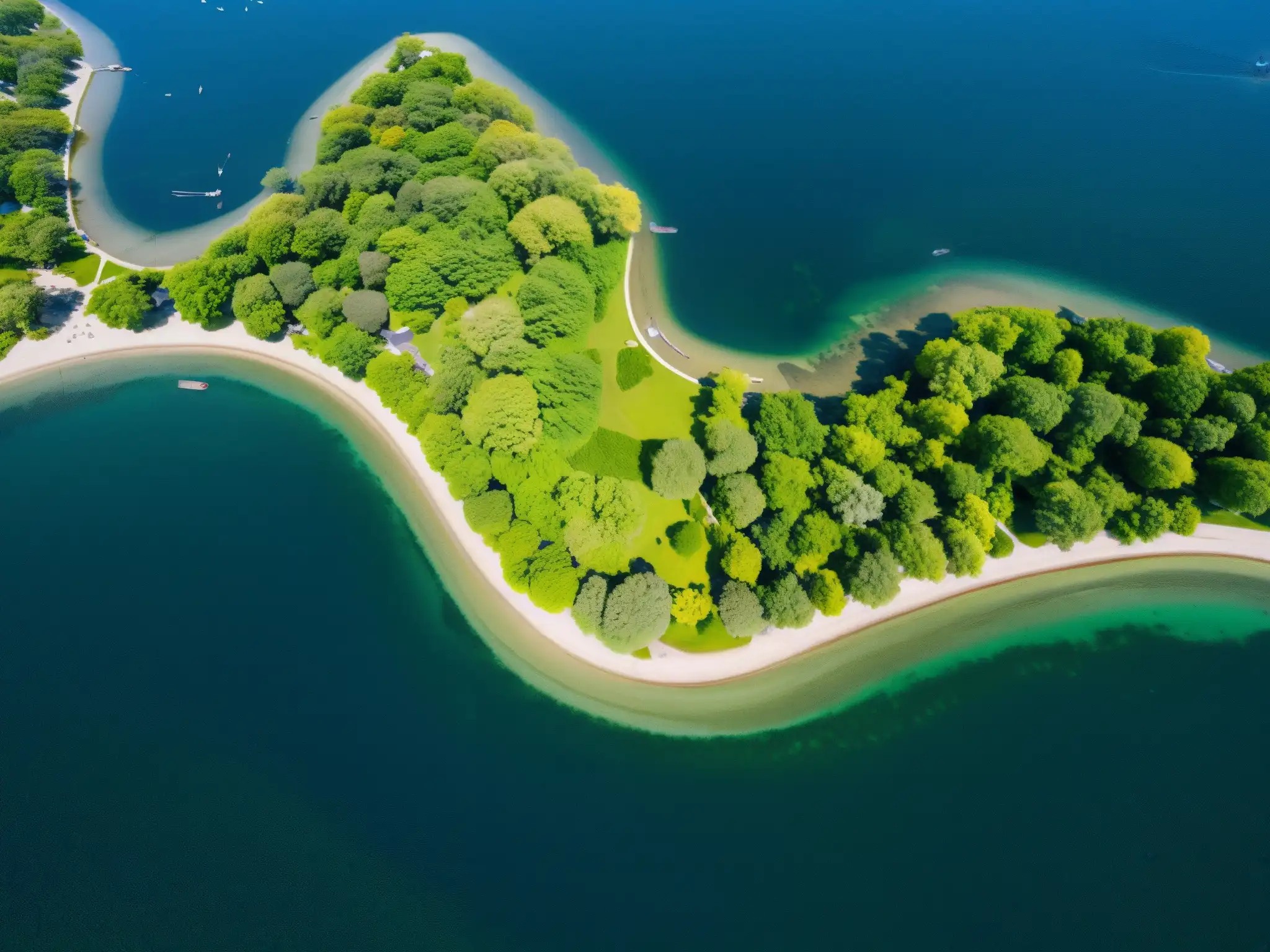 Vista aérea de Toronto Islands con agua, vegetación, barcos y detalles nítidos