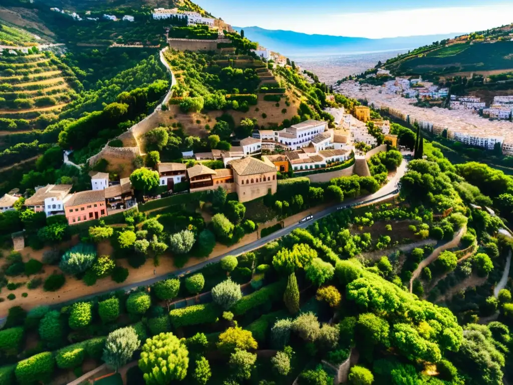 Vista aérea del barrio de Sacromonte en Granada, con sus cuevas tradicionales y la legendaria Alhambra al fondo
