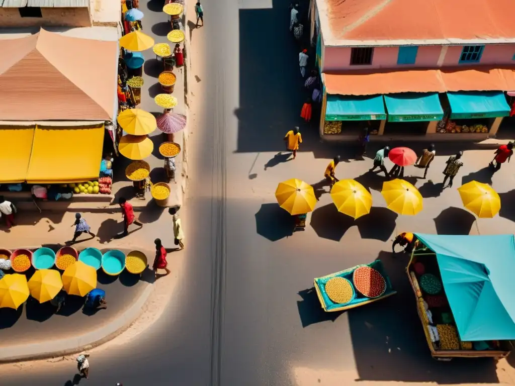 Vista aérea de las bulliciosas calles de Senegal, con colores vibrantes, patrones de ropa tradicional y vida diaria