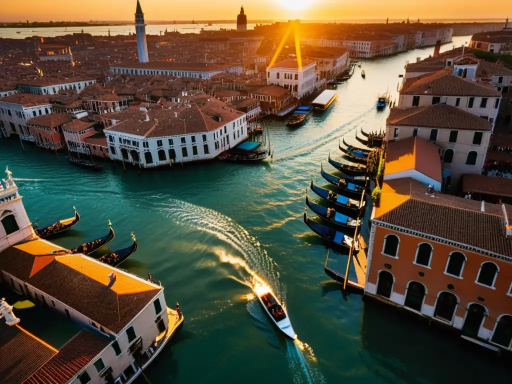 Vista aérea de los canales de Venecia al atardecer, reflejando una leyenda amorosa canales Venecia