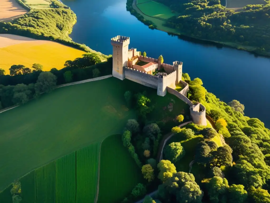 Vista aérea de un castillo medieval en la campiña española, evocando la leyenda de La Dama de Arintero España