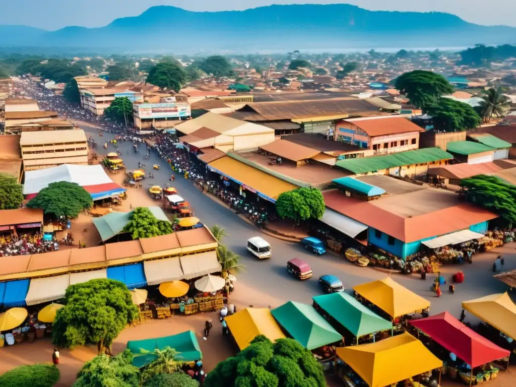 Vista aérea de Bangui, República Centroafricana, con mercados coloridos, arquitectura tradicional y actividades culturales vibrantes