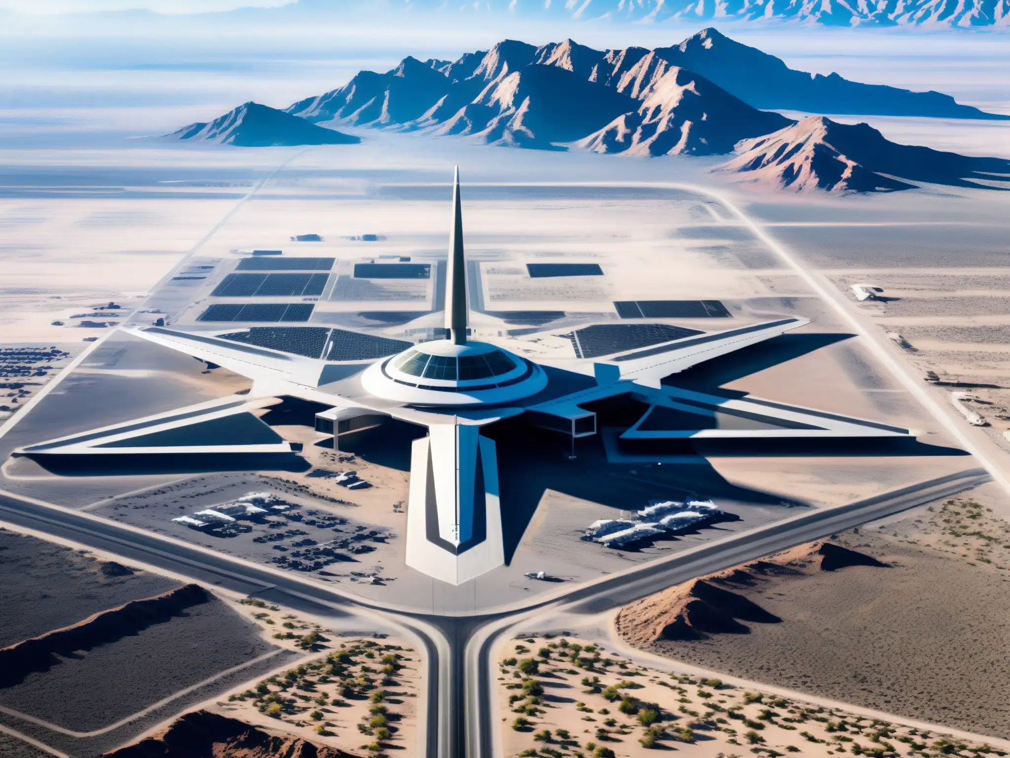 Vista aérea detallada de la base secreta Área 51, con complejo extenso en desierto