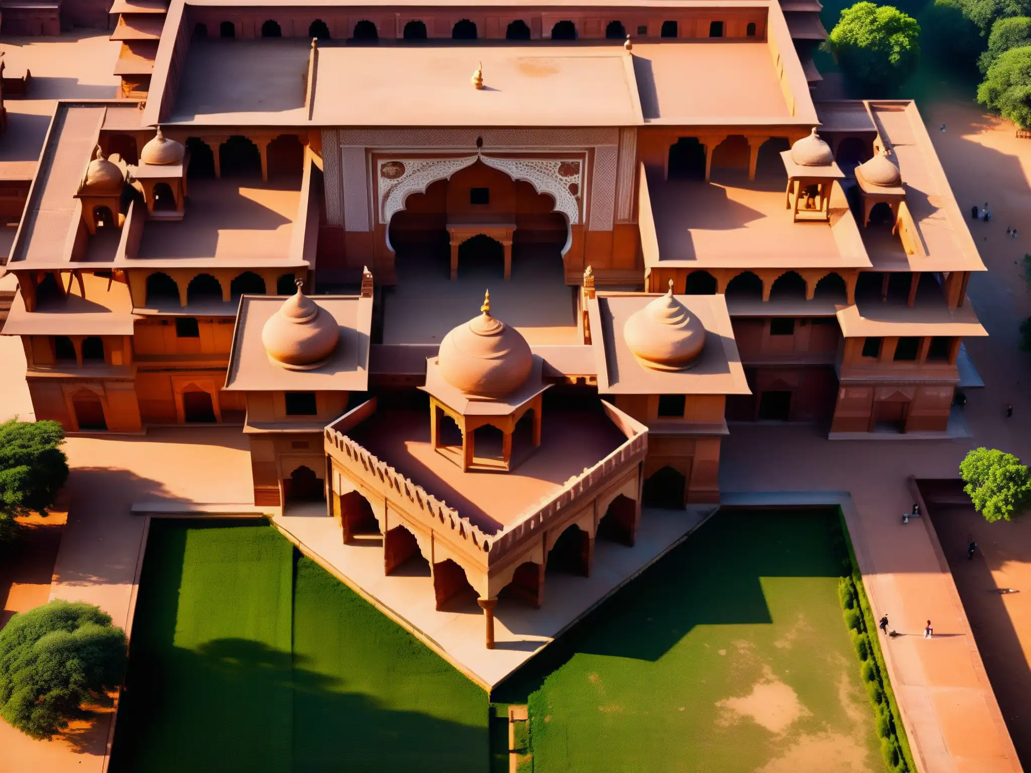 Vista aérea detallada de Fatehpur Sikri en la luz dorada, mostrando el origen y misterio de la Puerta de la Muerte