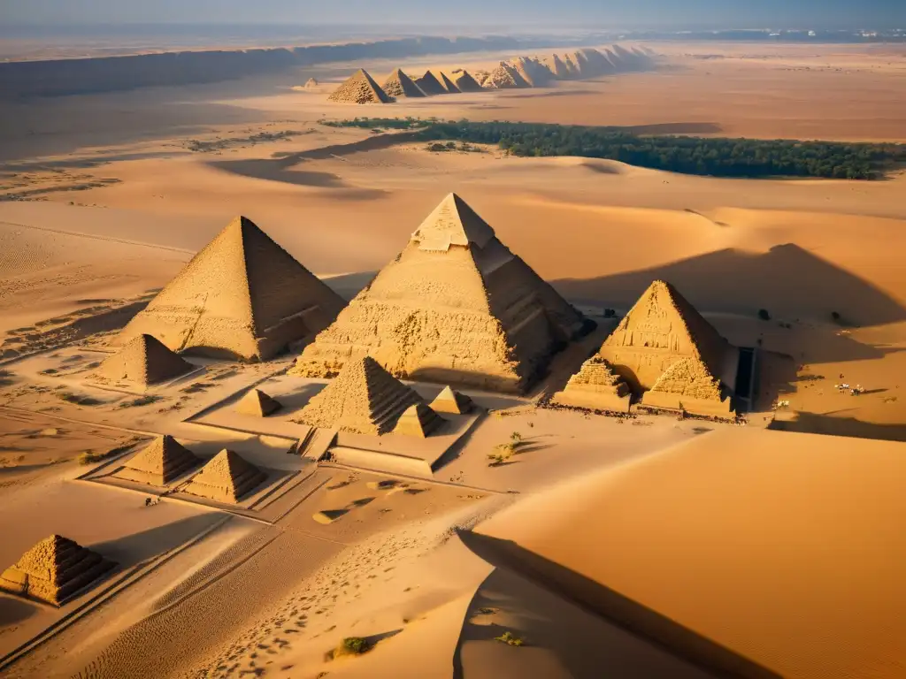 Vista aérea espectacular de las pirámides egipcias en Giza al atardecer, con sombras largas y detalles impresionantes