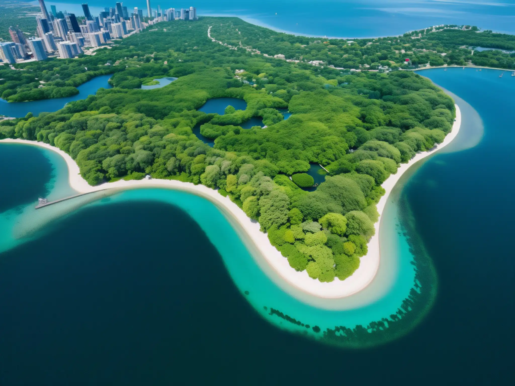 Vista aérea de las Toronto Islands con exuberante vegetación, caminos sinuosos y aguas azules