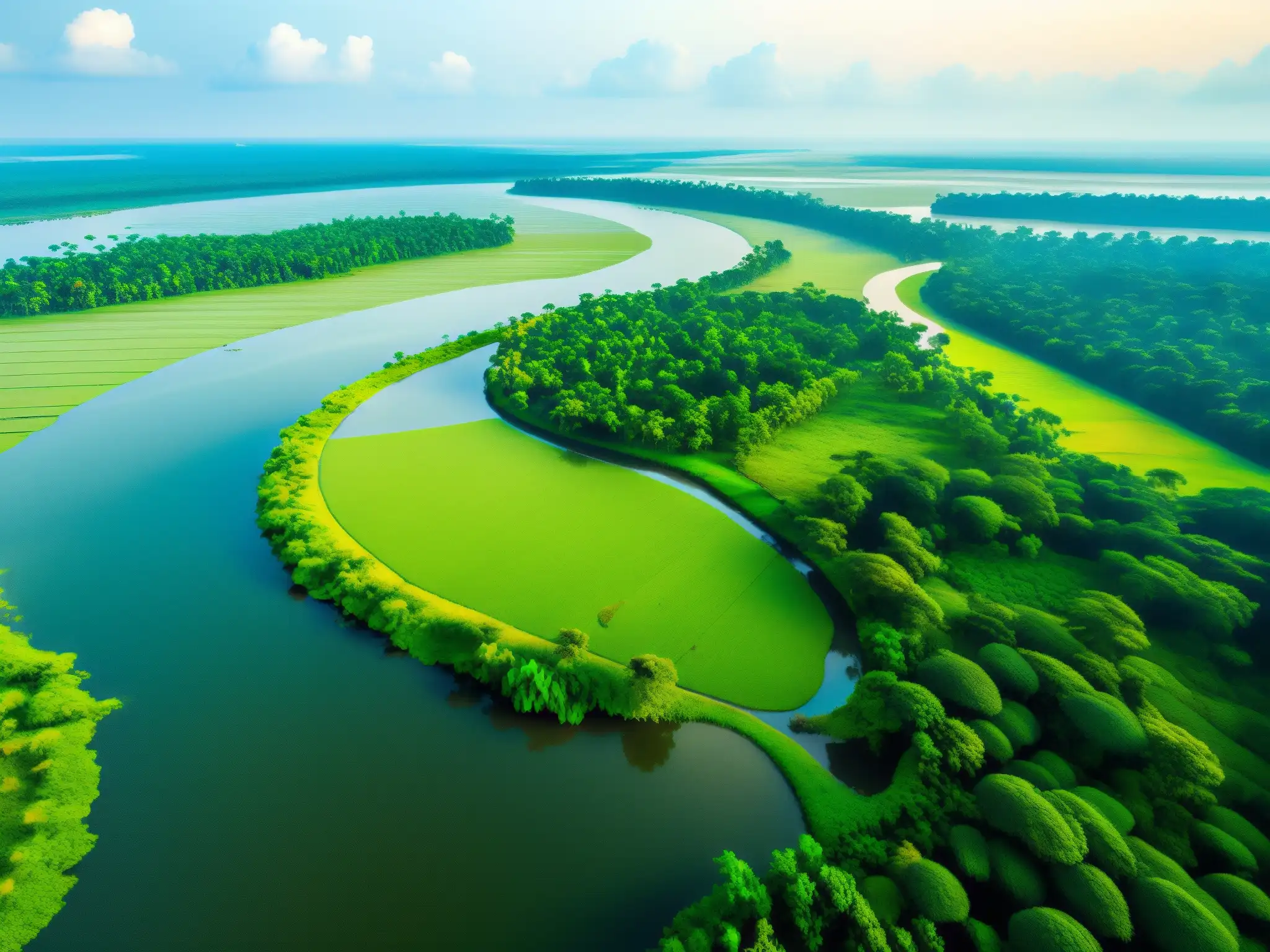 Vista aérea de la exuberante Isla Majuli, con ríos serpenteantes y vegetación vibrante, revelando la verdad oculta Isla Majuli leyenda