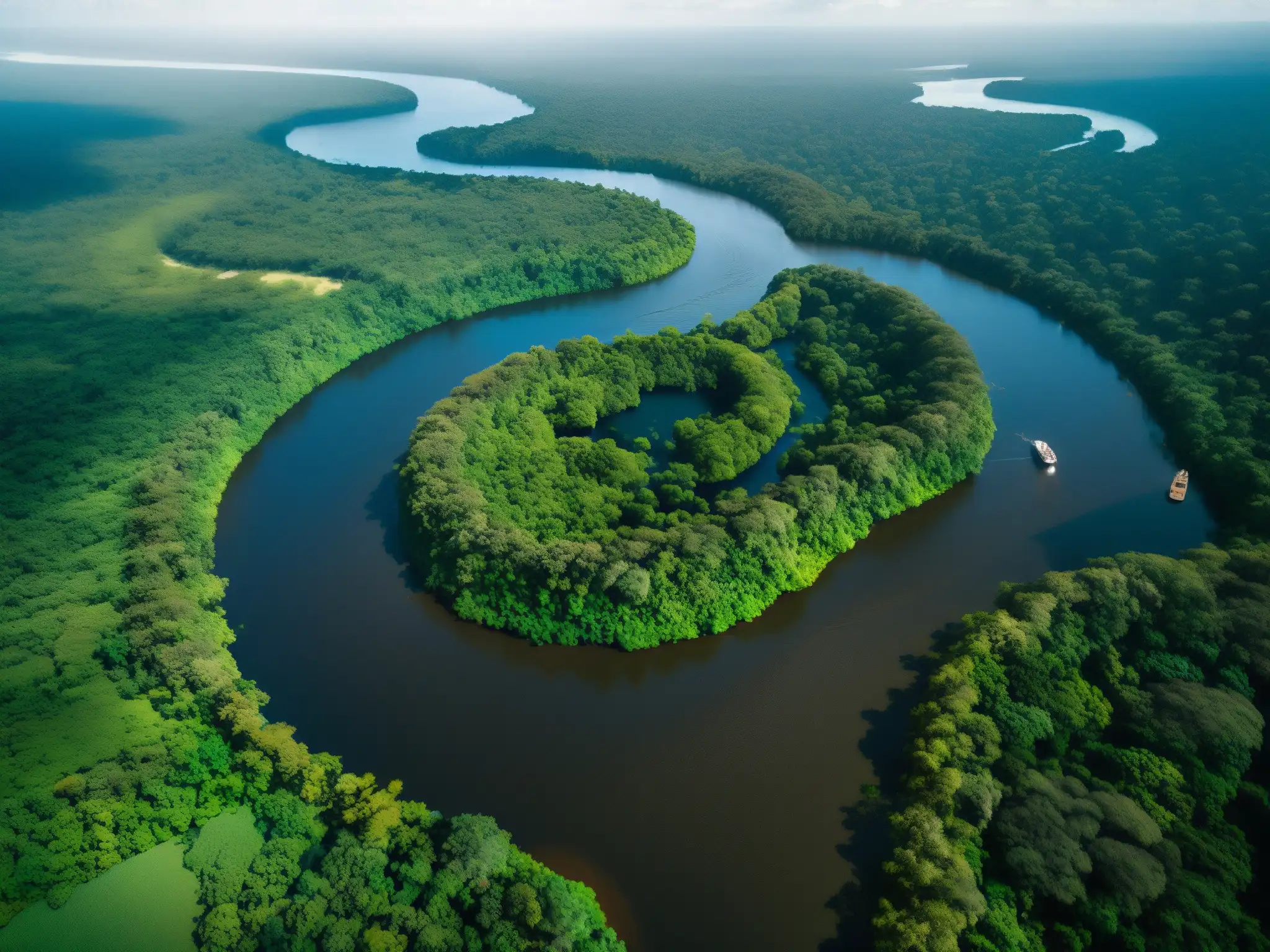 Vista aérea del río Amazonas, con exuberante selva verde a ambos lados