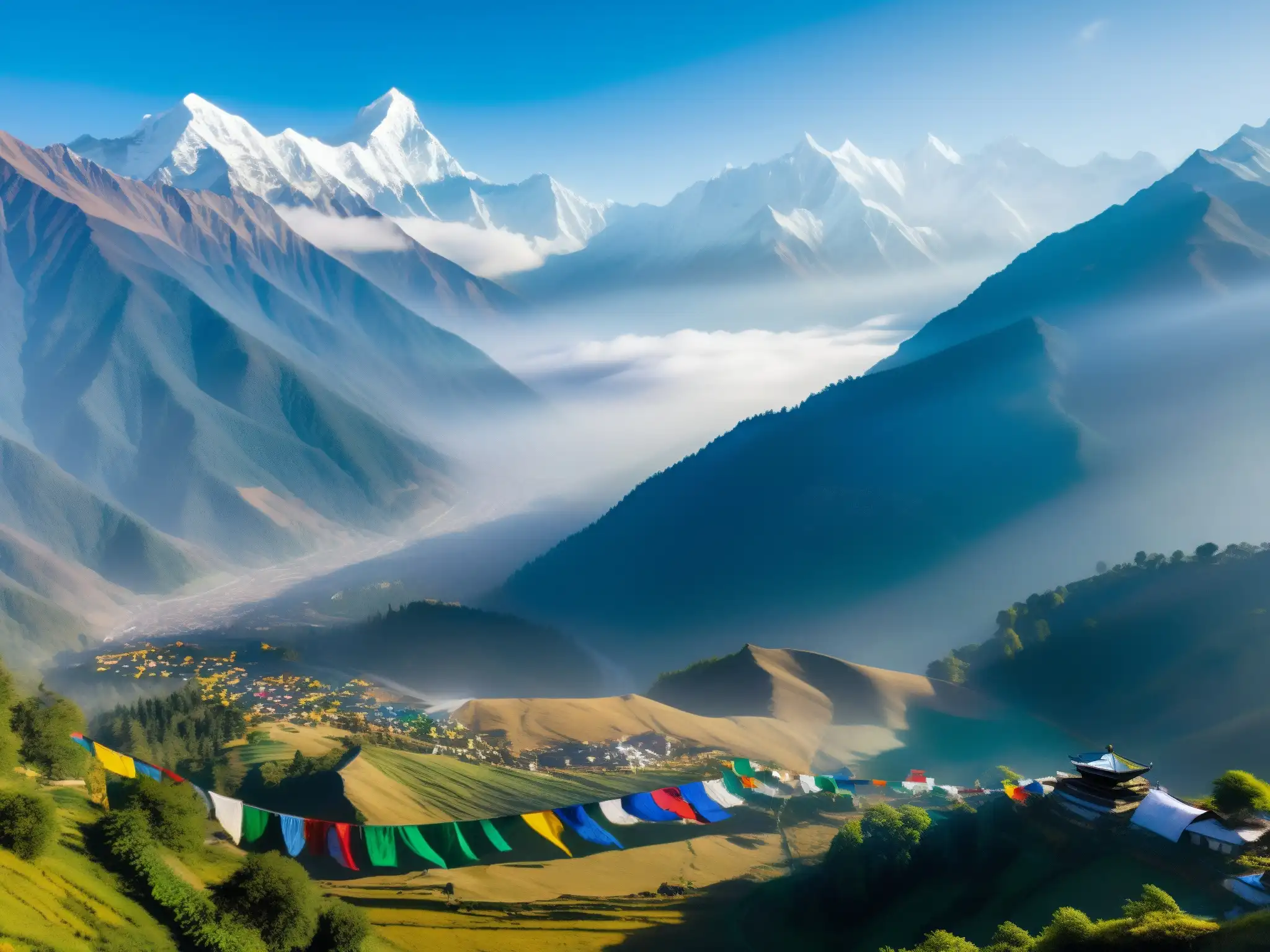 Vista aérea de los imponentes Himalayas, envueltos en niebla y rodeados de coloridas banderas de oración