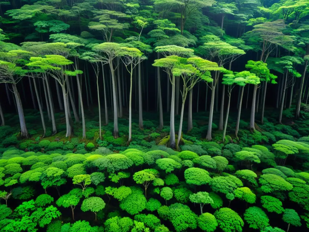 Vista aérea impresionante del bosque Aokigahara, exuberante y misterioso, invita a explorar sus secretos